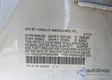 2021 Acura Ilx Premium A-Spec Packages/Technology A-Spec Packages из США, поврежденный, VIN 19UDE2F81MA004989